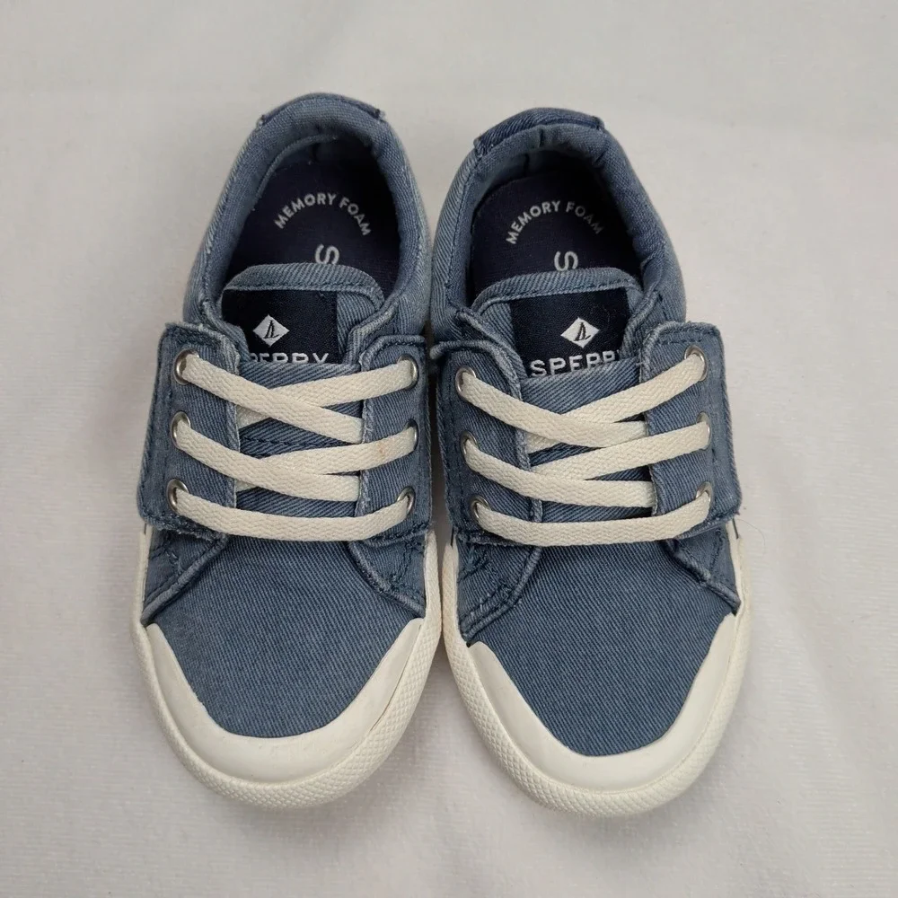 Sperry Striper II Ltt Retro Jr Blue Denim Fabric Sneakers Toddler 7M STL261099
